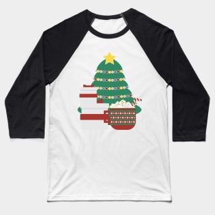 Decorated Christmas tree, White Red gifts box and large Red Green mug with hot cocoa, whipped cream, marshmallow and striped candy cane on White background Baseball T-Shirt